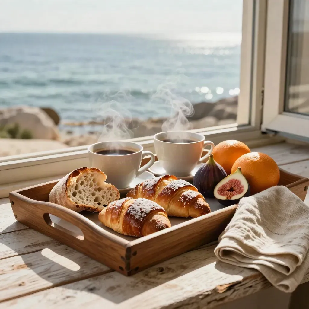 Vassoio con colazione sul mare, caffè, pane, dolci, fichi e agrumi vicino alla finestra.