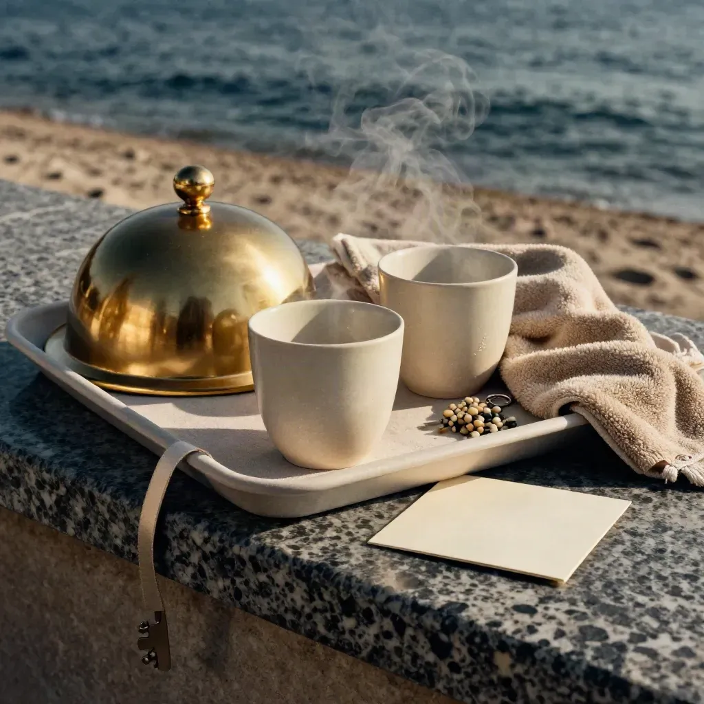 Set weekend sul mare con tazze, vassoio in lino e cloche su terrazza scura, con vapore leggero.