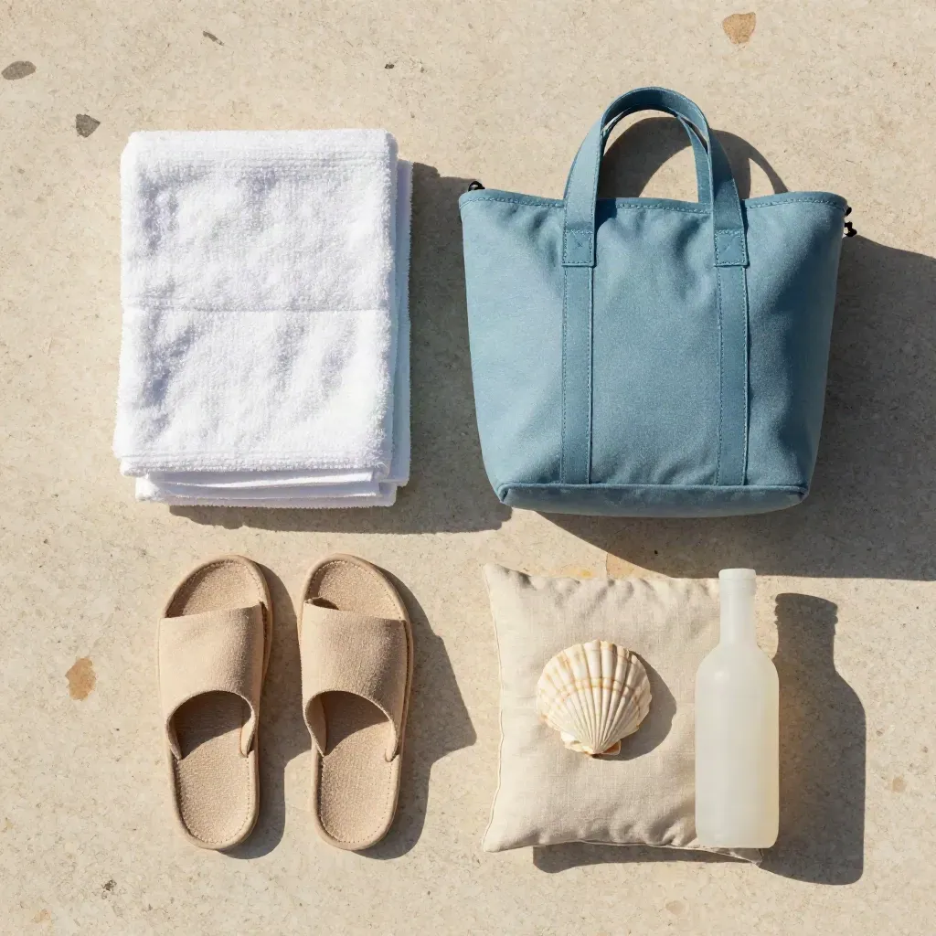 Flat lay dall’alto con kit famiglia mare: asciugamani, pantofole, borsa, cuscino, conchiglia e flacone