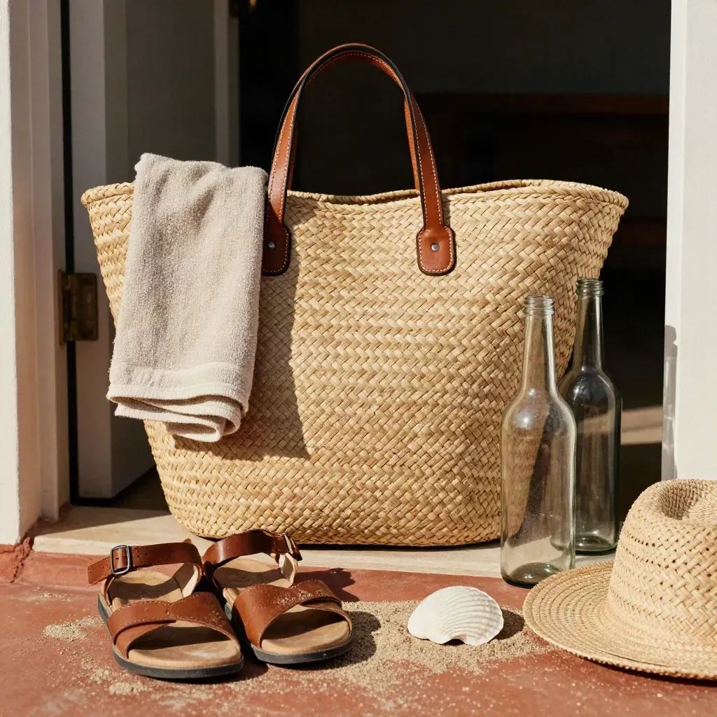 Kit spiaggia elegante con borsa intrecciata, telo, sandali, conchiglia, cappello e bottiglia.