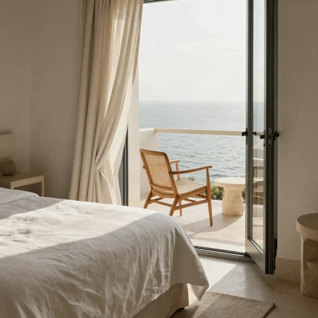 Suite vista mare con letto bianco, sedia in canna e porte aperte sul balcone.