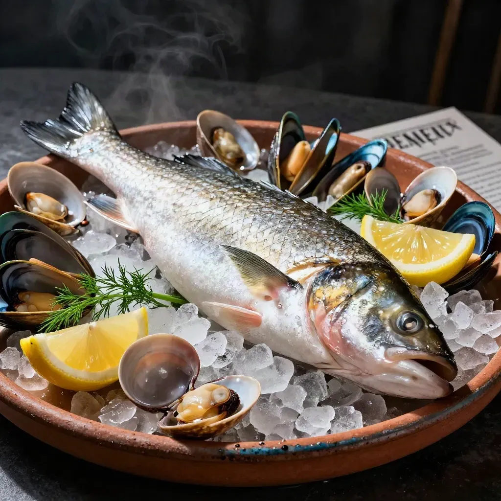 Primo piano di pesce fresco, molluschi, limone ed erbe su ghiaccio tritato con vapore freddo.