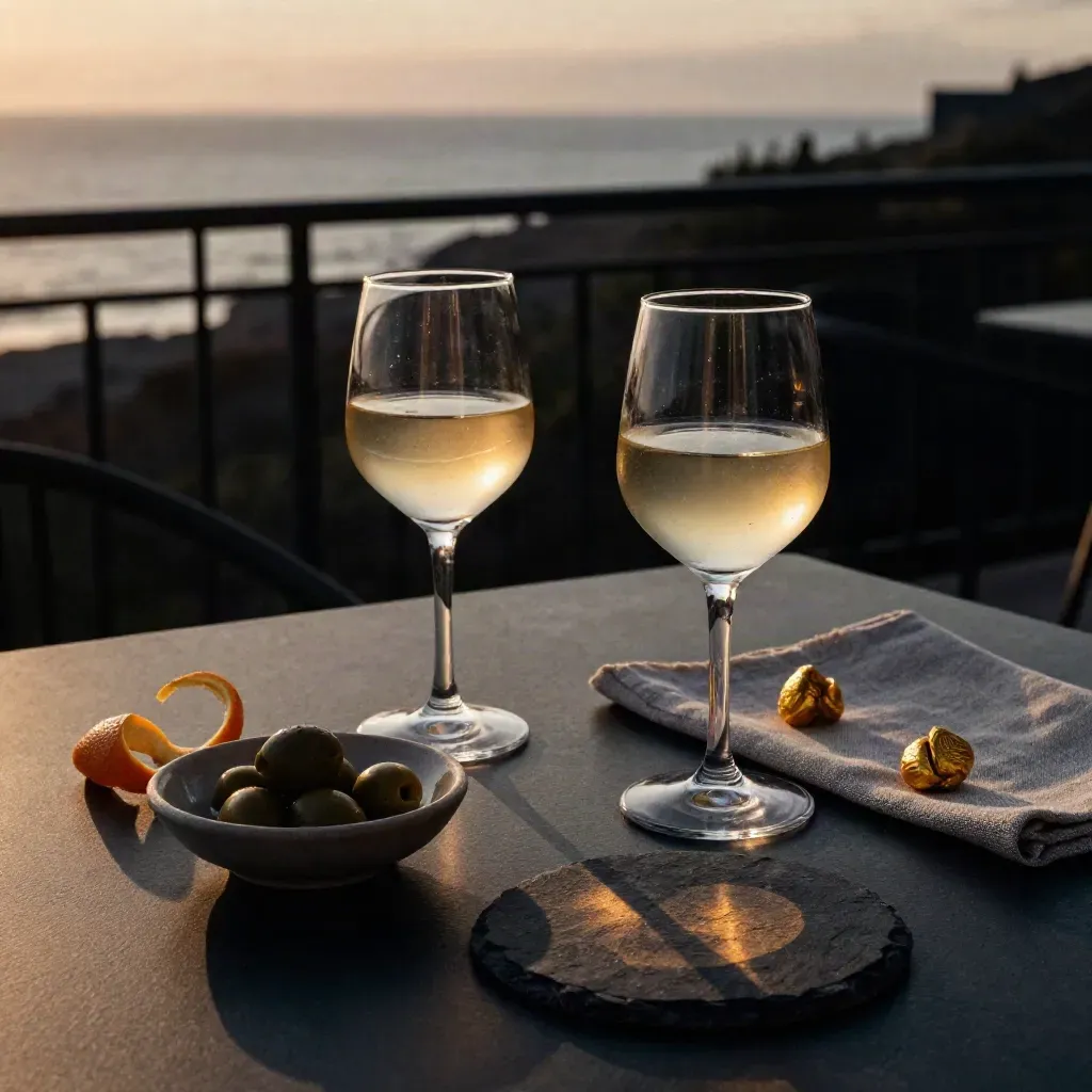 Aperitivo al tramonto con due calici, olive e bocconi su una terrazza sul mare
