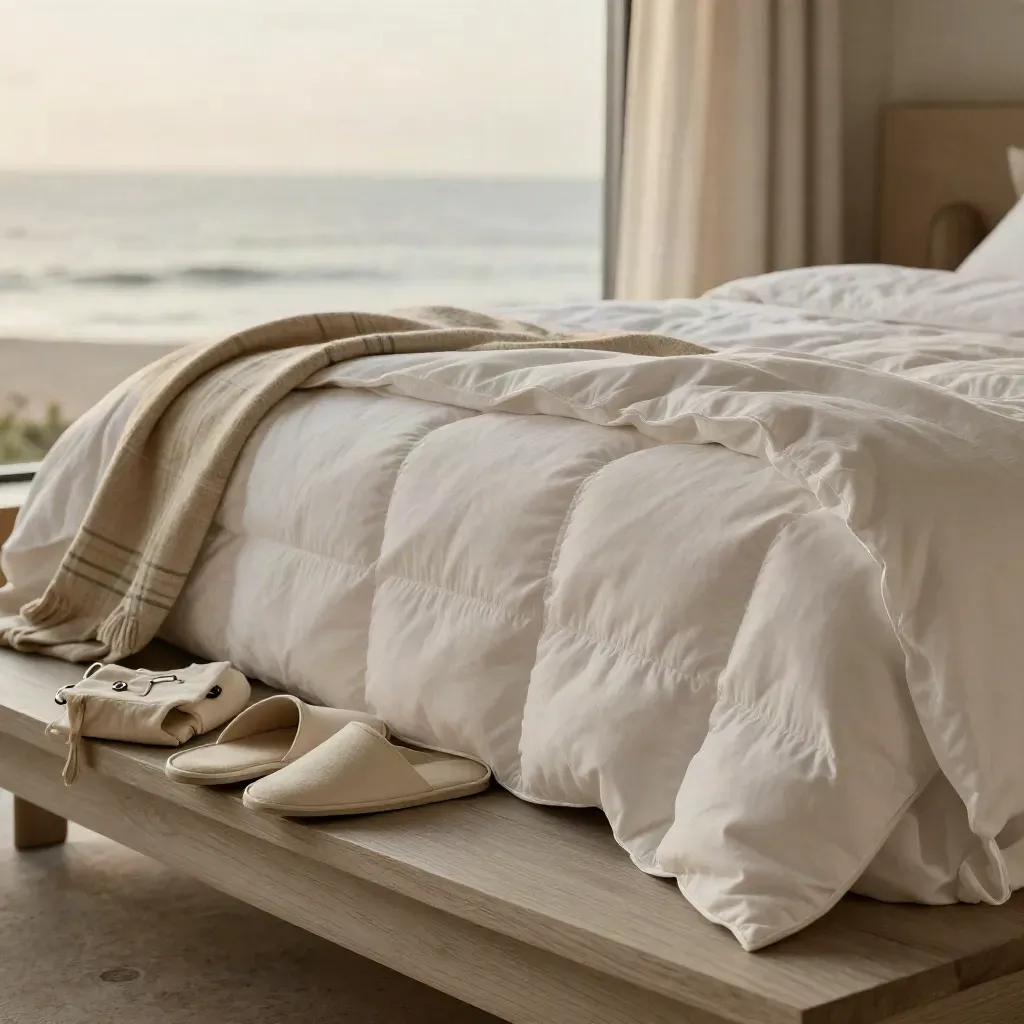 Duvet piegato, pantofole, pouch chiavi e plaid davanti alla finestra sul mare al crepuscolo