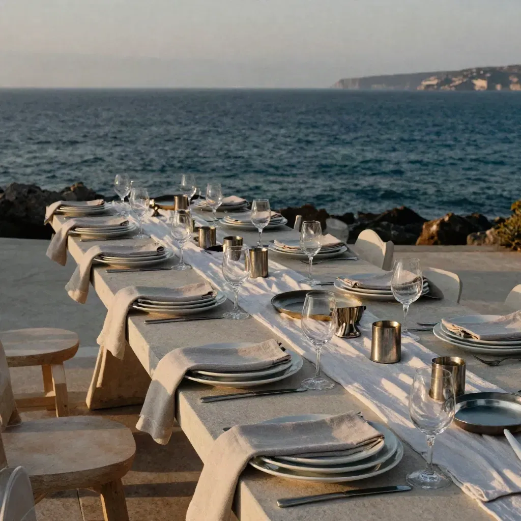 Allestimento elegante per evento vista mare su terrazza, con piatti, lino, vetri e candelieri.