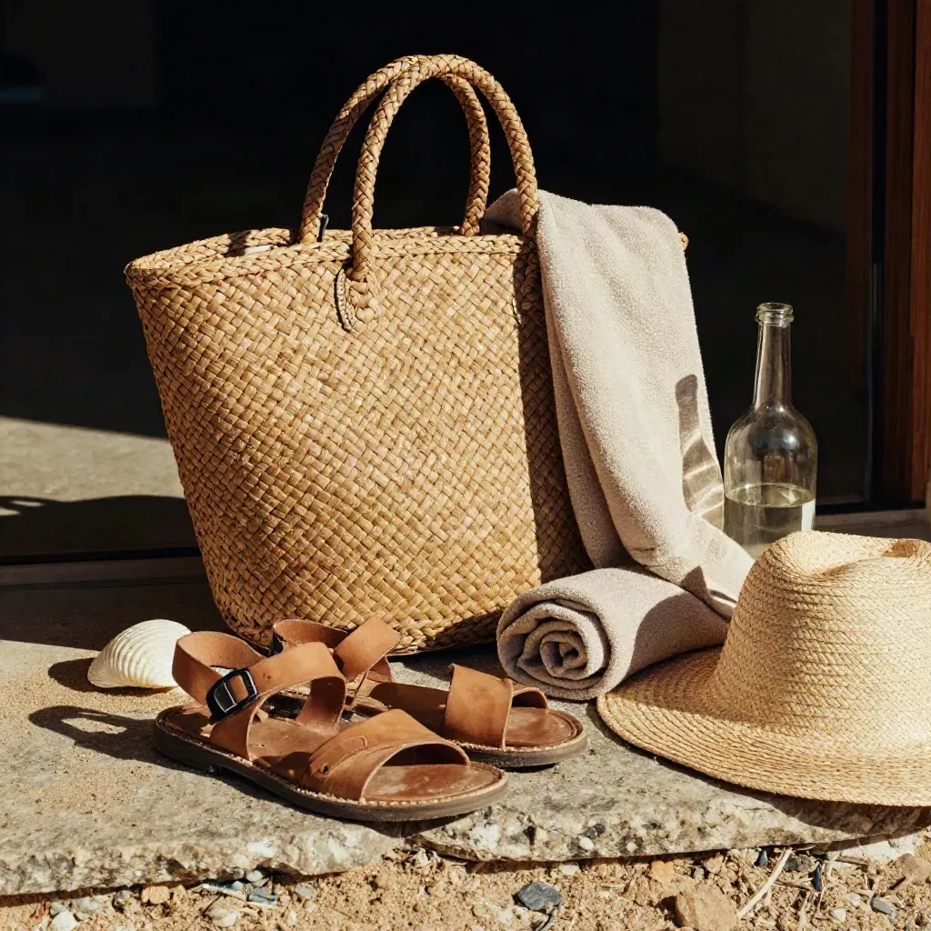 Kit da spiaggia intrecciato con asciugamano, sandali, cappello, conchiglia e bottiglia su soglia sabbiosa