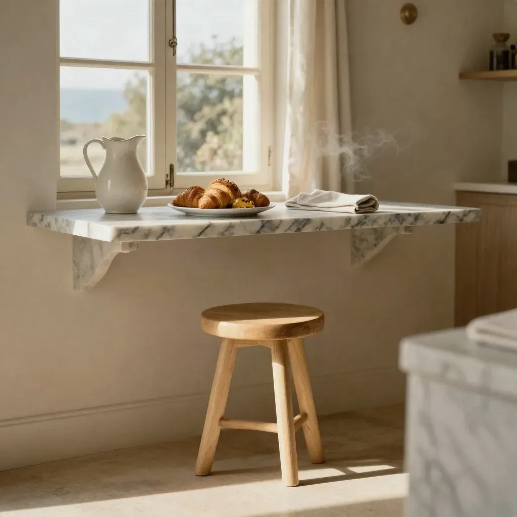 Nook colazione con croissant, brocca in ceramica, mensola in marmo e luce morbida