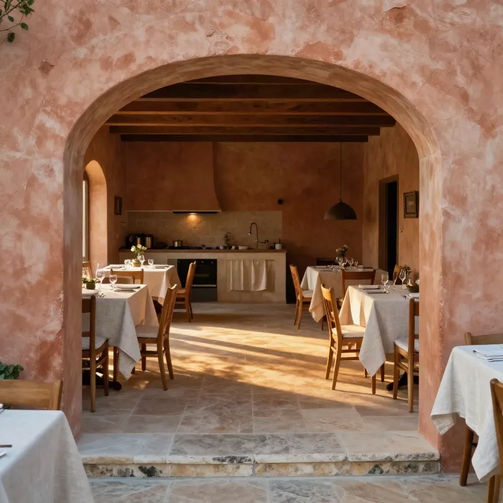 Sala in pietra con arco, tavoli in lino e luce dorata prima della cena di pesce.