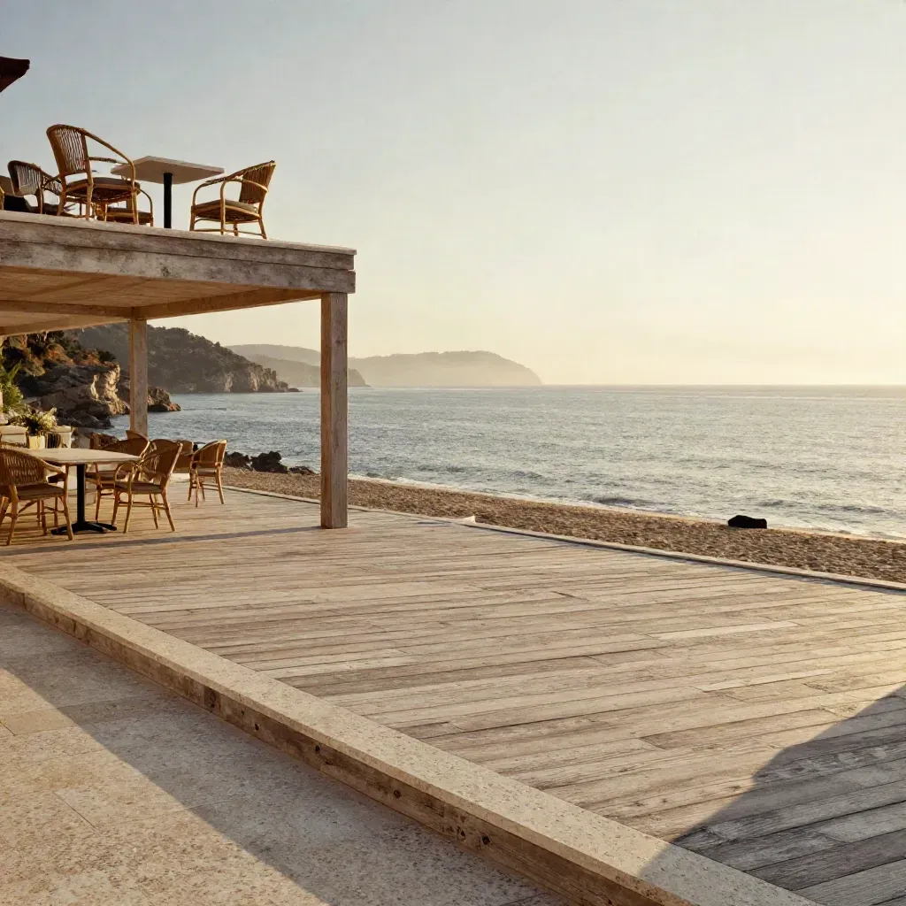 Terrazza sul mare al tramonto con tavoli vuoti e costa in lontananza